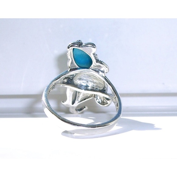 925 STERLING SILVER Simulated Turquoise Fish Ghost Marcasite Ring - Picture 8 of 16